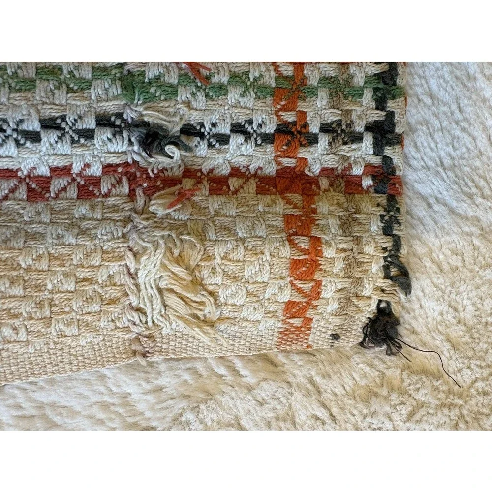Vintage Woven Remnants Fabric Orange Yellow Green Brown Plaid MCM 2 Pieces